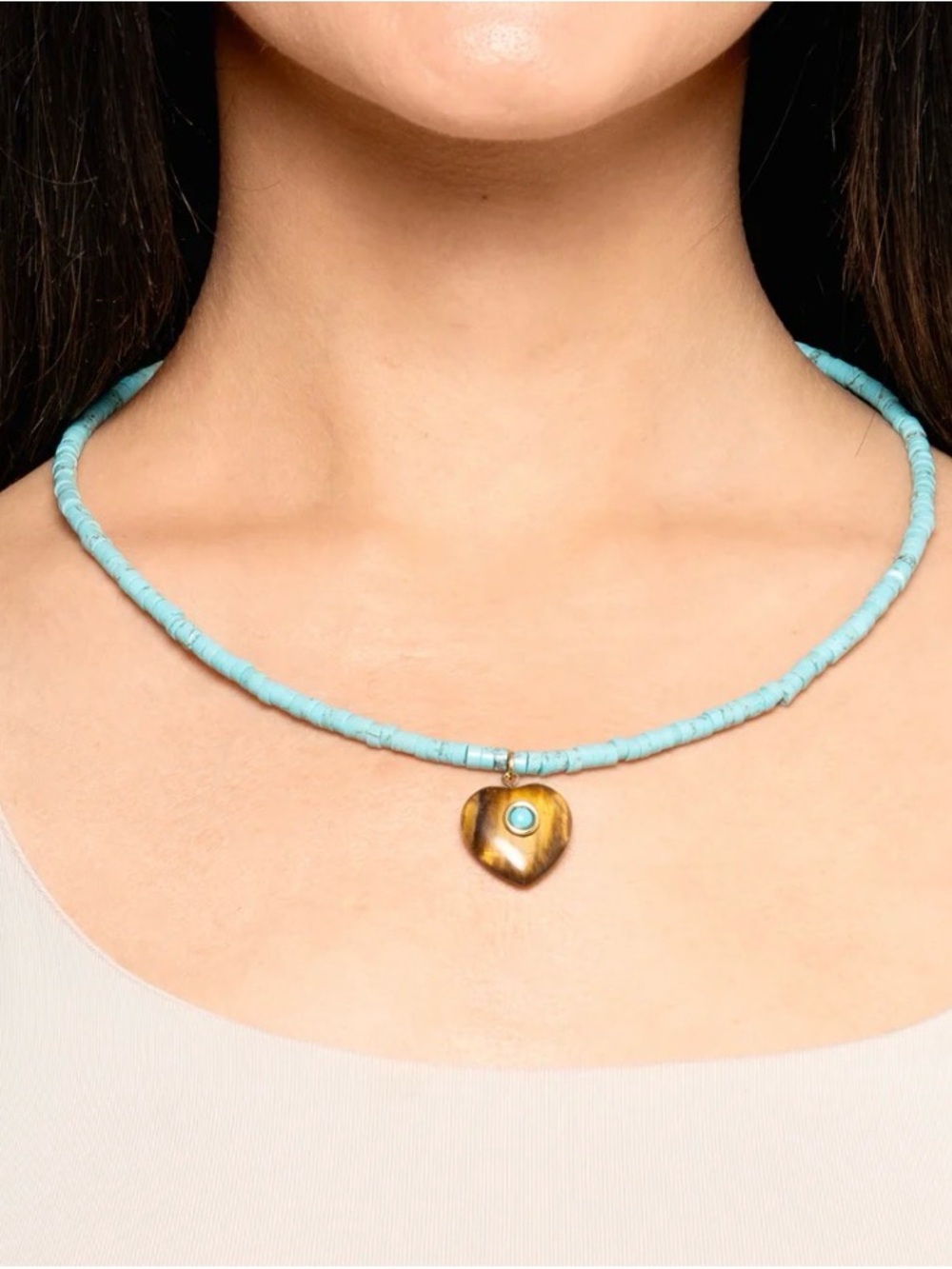 Mayamar Luxurious Turquoise Beaded Necklace Tiger Eye Heart Pendant retail $165 - Picture 2 of 6
